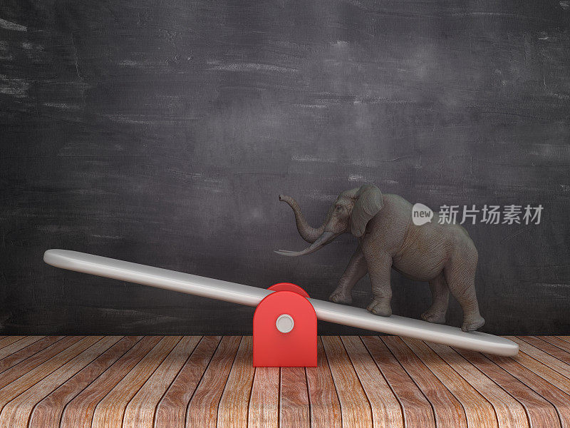 跷跷板比例与大象黑板背景- 3D渲染